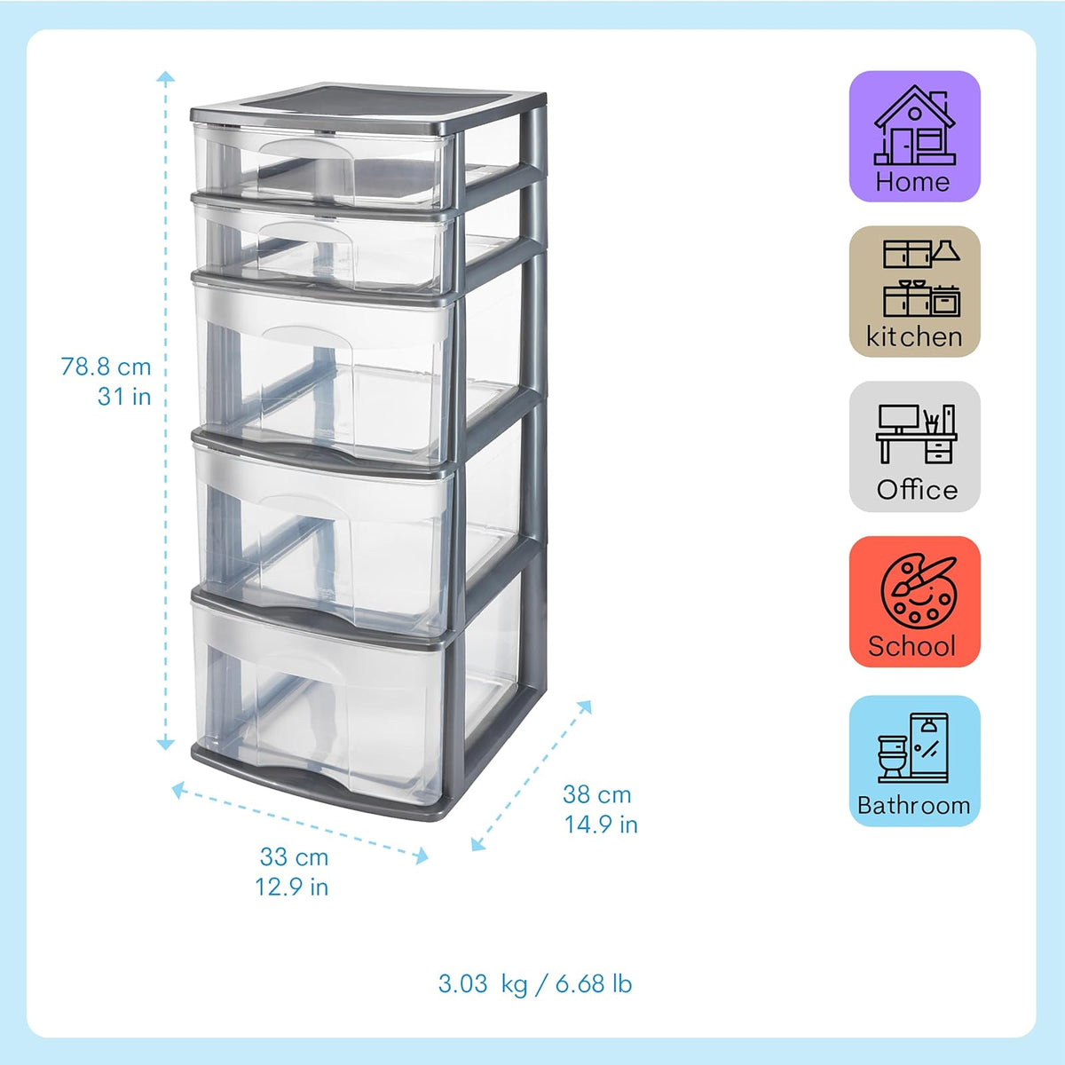 Italhome Cajonera FOX 5 de Plástico 5 Cajones Transparentes, Organizador Multiusos Desarmable para Hogar y Oficina, Mueble Resistente Fácil Armado, Color Gris