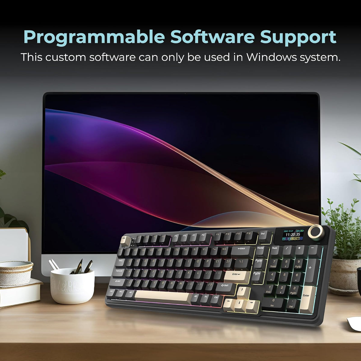 Rosewill Neon S96 Teclado mecánico inalámbrico para Juegos, diseño de 98 Teclas con Perilla de Volumen, Bluetooth / 2.4 GHz/USB-C, interruptores Azules Intercambiables en Caliente, retroiluminación