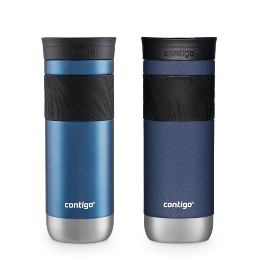 Contigo SNAPSEAL - Taza de viaje de acero inoxidable con agarre (20 oz), color azul maíz transparente satinado y bayas medianoche