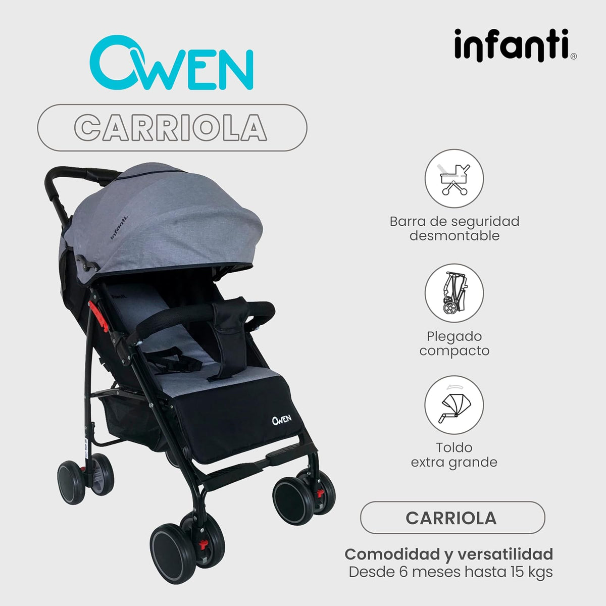 INFANTI | Carriola para Bebe OWEN | Carreola con Portabebé - Con Barra de Seguridad Desmontable | Desde 6 Meses hasta 15 kg | Color Rosa