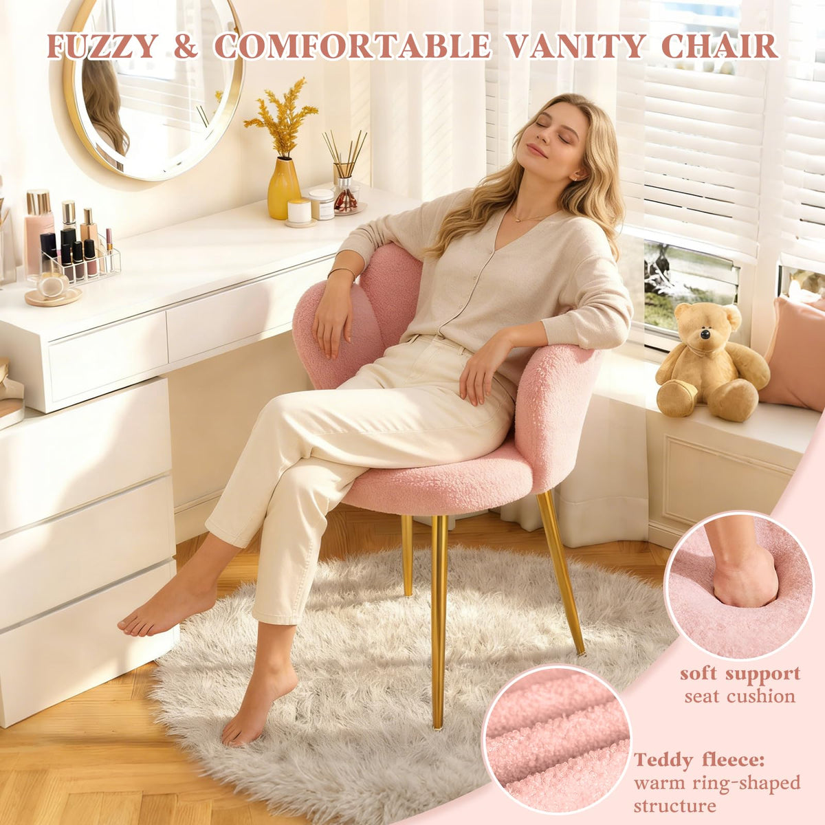 WAYTRIM - Silla de Cambiador Rosa con Respaldo para Maquillaje, Asiento de Cambiador, Silla de computadora para niñas con Patas Doradas adecuadas, Silla de diseño de pétalos de Flores para recámara