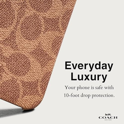 Coach Signature - Funda Delgada de Lona para iPhone 15/14/13, Compatible con Carga inalámbrica, Color café