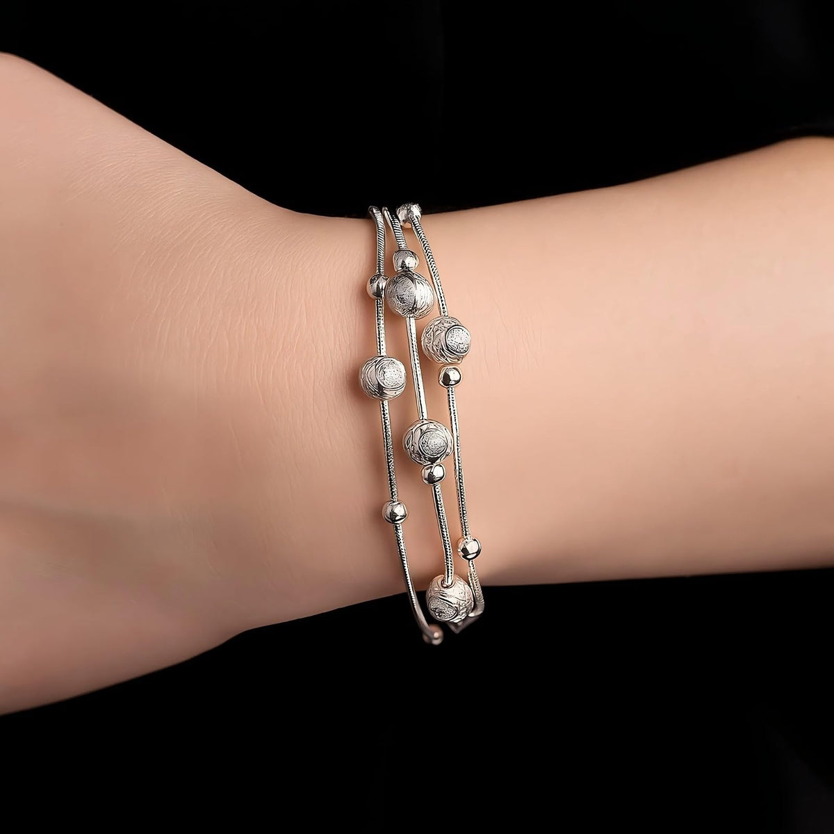 XYPHIELLE Pulsera Mujer Plata 925 - Triple Cadena con Cuentas