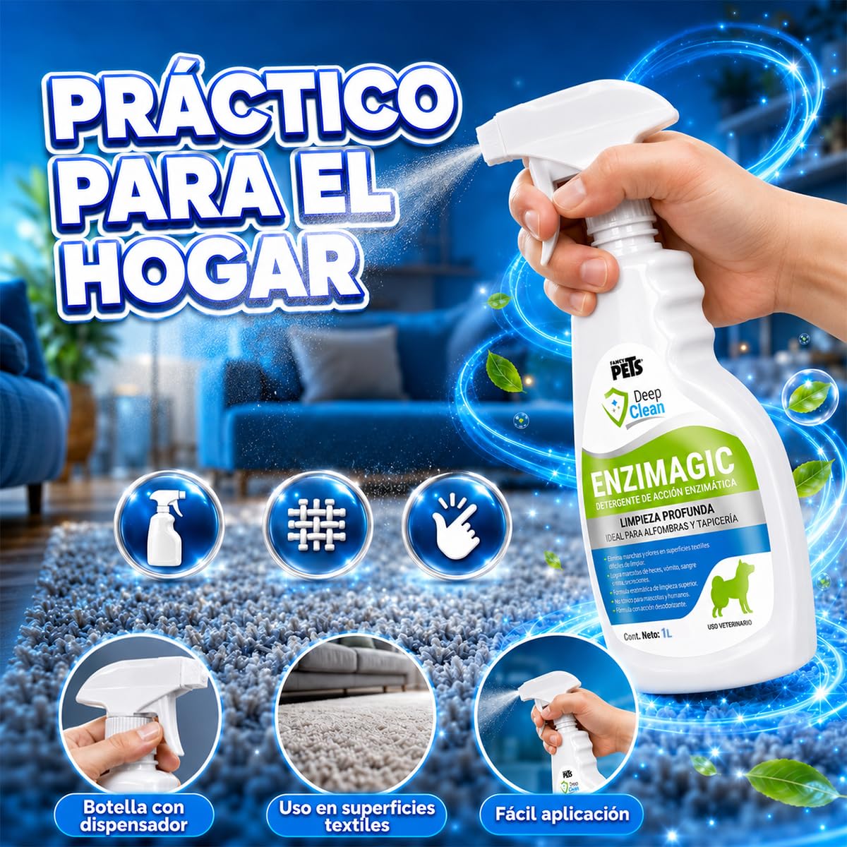 Fancy Pets Deep Clean Enzimagic Limpiador Eliminador de Manchas y Olores de Perros y/o Gatos en Alfombras, Tapicería y otras Telas con 1 Litro
