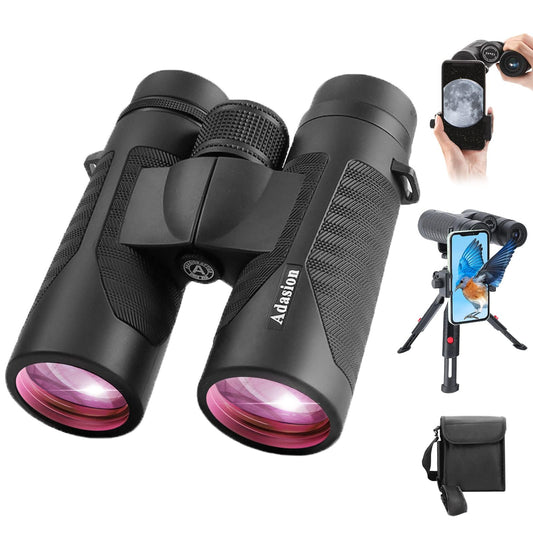 Adasion Binoculares 12x42 | Para adultos, adaptador fotografía smartphone, ocular 18 mm, lente BAK4, impermeable, 1 libra