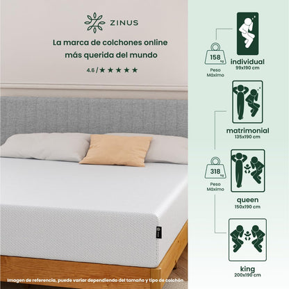 Zinus Green Tea Cooling | Colchón Individual 15cm, Gel | Garantía 10 años | Colchón individual de memory foam con gel refrescante y esencia de té verde, funda de Jacquard, alivia el dolor articular