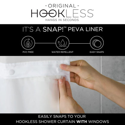 Hookless - Juego de Cortinas de Ducha 3 en 1 con PEVA It's A Snap! Forro y Ventana a presión, 71 x 74 Pulgadas, Blanco/Negro