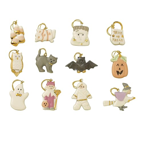 Lenox 819670 - Juego de Adornos de 12 Piezas | Diseños de frankenstein pintados a mano, fantasma, bruja, momia y búho | acento de decoración de Halloween y otoño | 2