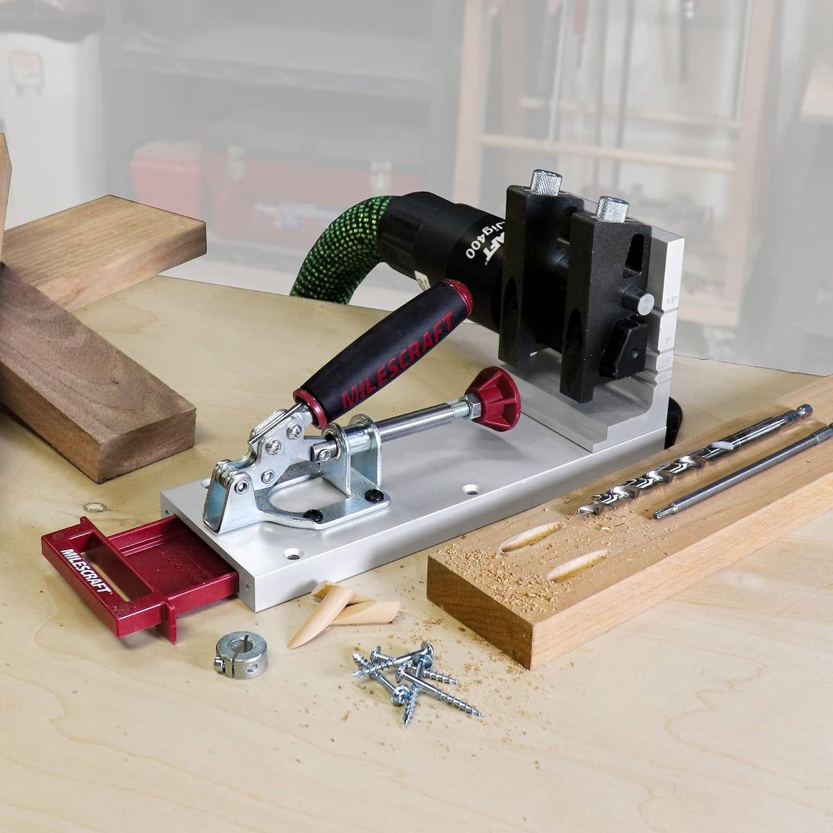 Milescraft 1327 Pocket Jig 400 – Plantilla de bolsillo de metal autosujetante, resistente, resistente Kit completo con broca, destornillador y tornillos