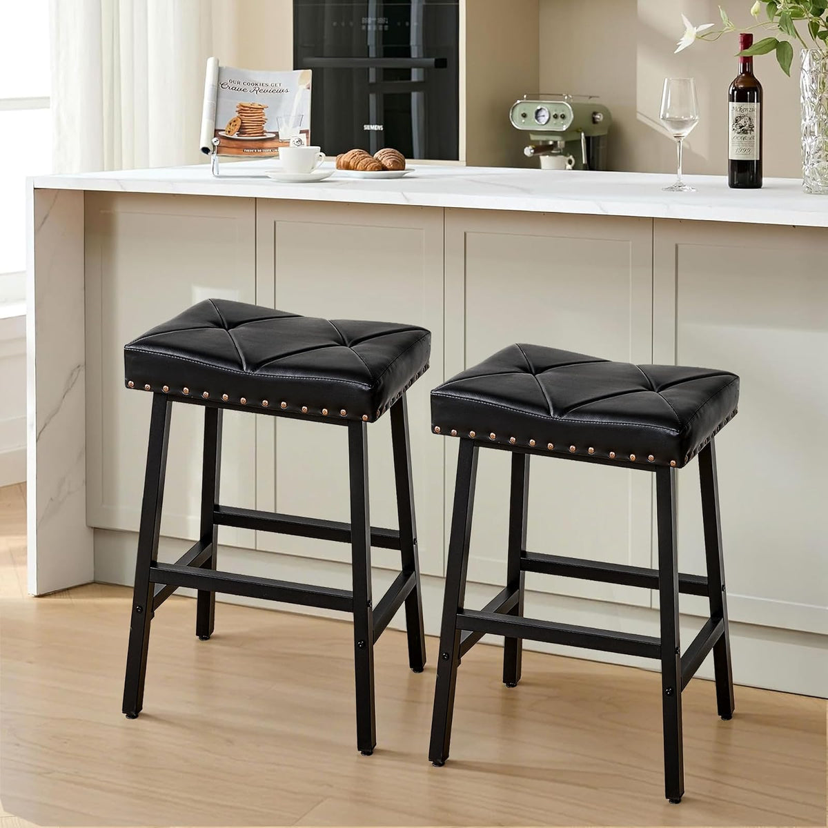 VECELO - Taburetes de 25 Pulgadas de Altura para la Isla de Cocina, Asientos tapizados de Poliuretano de 3.3 Pulgadas de Grosor, sillas de Bar sin Respaldo con Base de Metal, Color Negro