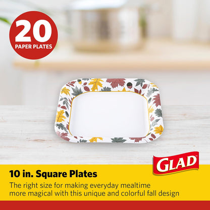 Glad Platos de Papel Desechables Cuadrados, Patrón de Follaje Otoñal - Fuertes, Resistentes, Impermeables y Aptos para Microondas, Platos Decorativos para Cena y Uso Diario, 10 Pulgadas, 20 Unidades