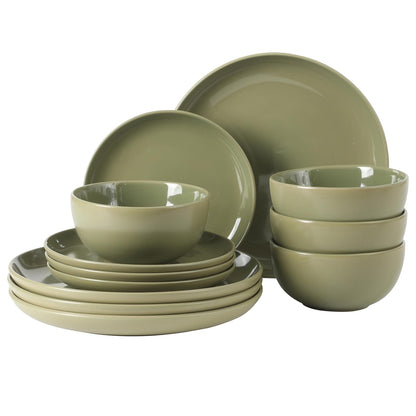 Gibson Home Zuma Vajilla de Gres, Servicio para 4 o 6 - Service for 4 (12pcs) - Verde (Rockaway - Matte - Shiny)