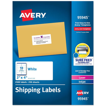 Avery 95945 Etiquetas de envío imprimibles, tecnología Sure Feed, pegatinas personalizables de 2 x 4 pulgadas, blancas, 2.500 etiquetas de correo en blanco, ideales para correo, envío y más - 2500 Labels