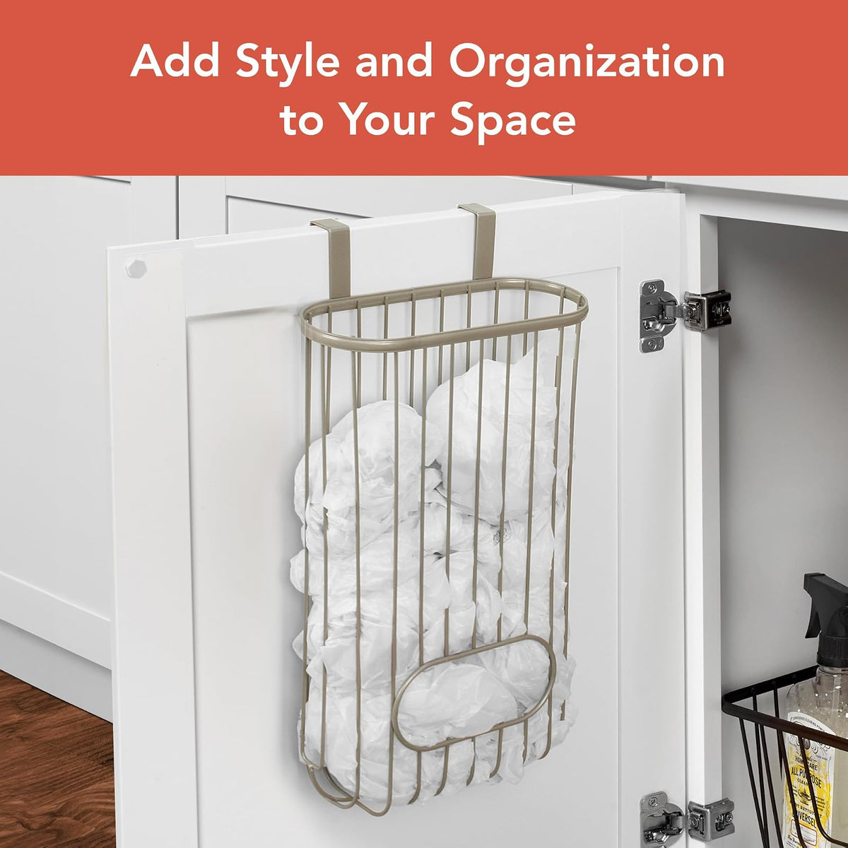 Spectrum Ashley - Soporte para bolsa de plástico sobre el gabinete (capa de níquel satinado) - Dispensador de bolsas de comestibles y reciclaje para cocina, baño, debajo del fregadero, hogar y organización de apartamentos