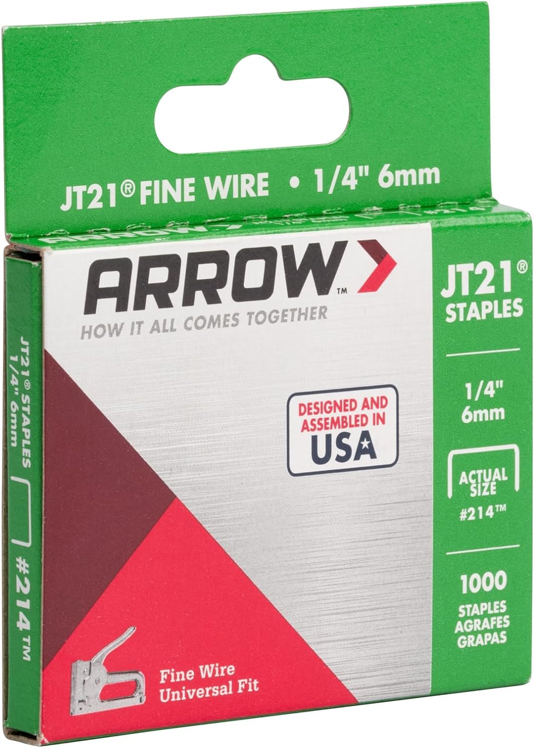 Arrow Fastener Grapas JT21 214 | 1/4 pulgada, caja 1000 grapas, corona plana ancho 7/16 pulgadas