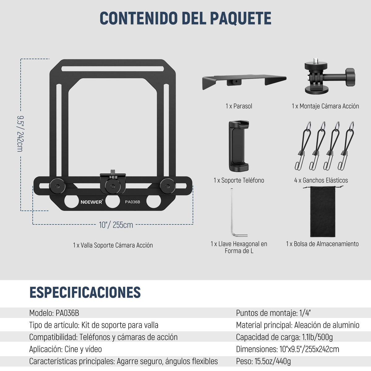 NEEWER Montaje Valla con Parasol Compatible con iPhone Mevo Camera GoPro Insta360 dji Pocket Radar Game Changer App, Kit Montaje Metal & Soporte Teléfono para Grabar Vídeos Béisbol Streaming, PA036B