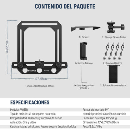 NEEWER Montaje Valla con Parasol Compatible con iPhone Mevo Camera GoPro Insta360 dji Pocket Radar Game Changer App, Kit Montaje Metal & Soporte Teléfono para Grabar Vídeos Béisbol Streaming, PA036B
