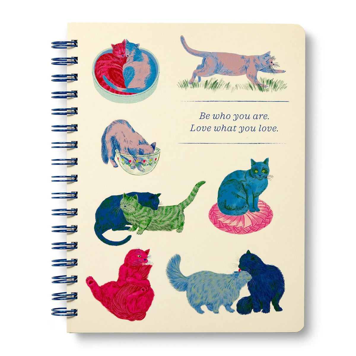 Spiral Notebook: Be Who You Are. Love What You Love. | Tema de gatos, 192 páginas rayadas, 7x9.25 pulgadas, cubierta papel metálico