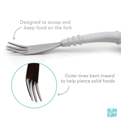 Bumkins - Juego de utensilios para niños pequeños, tenedor y cuchara, silicona y acero inoxidable, cubiertos de entrenamiento, tenedor en ángulo/tenedor para autoalimentación, niños que aprenden a comer, 18 meses, amarillo piña