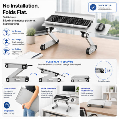 WorkEZ - Bandeja ergonómica para teclado y mouse, altura ajustable, ángulo negativo, inclinación para sentarse en el computadora, mesa de computadora, soporte para computadora de pie, elevar teclados a la altura de pie, color plateado