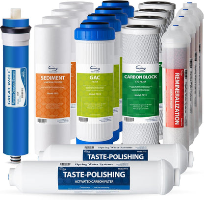 iSpring F9K Filtro de Repuesto para Ósmosis Inversa Alcalina - 2-Year Supply w - RO Membrane 75GPD - Juego de 19 piezas