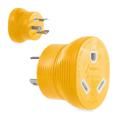 Camco 55333 Power Grip Adaptador de Generador para Caravana con Conexión Macho y Hembra de Bloqueo de 30 Amperios, 125V/3750W, Amarillo - 3-Prong