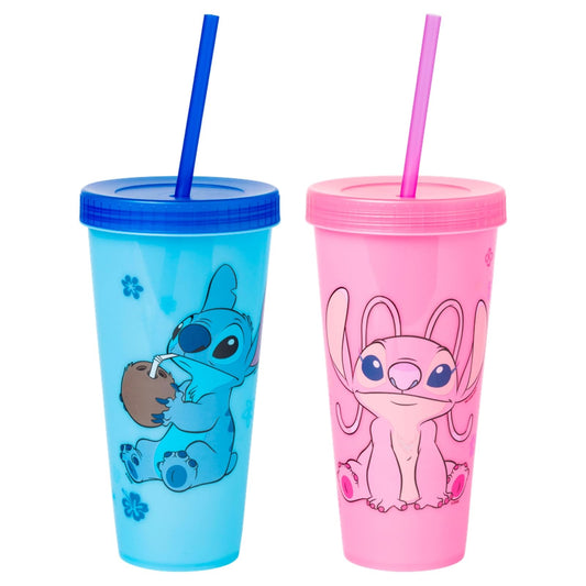 Silver Buffalo Disney Lilo and Stitch Angel Coconut Flowers 24 oz Vaso de plástico con cambio de color, 2 unidades, multicolor, grande (LI1428BS)