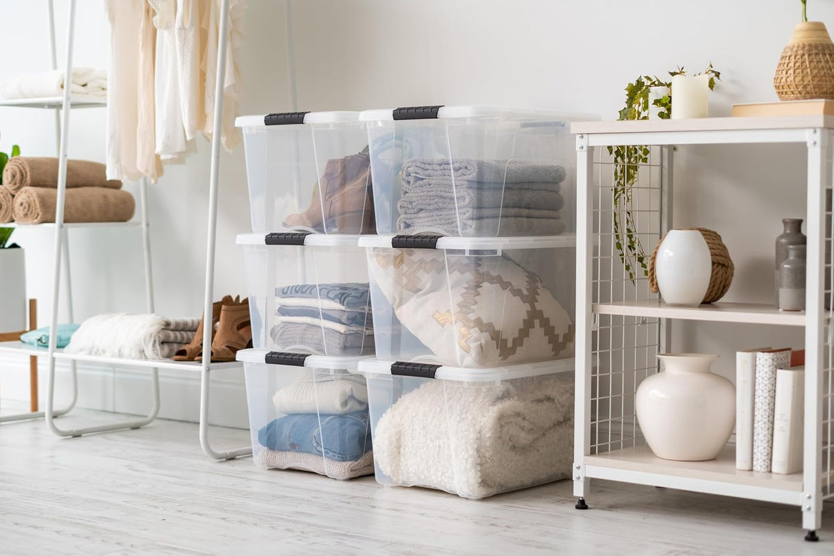 IRIS USA 6 Contenedores de 40 Qt con Tapa, Transparentes | Diseño transparente para ver el contenido fácilmente. Ideal para mudanzas, cobijas, ropa y garaje. Diseño anidable.