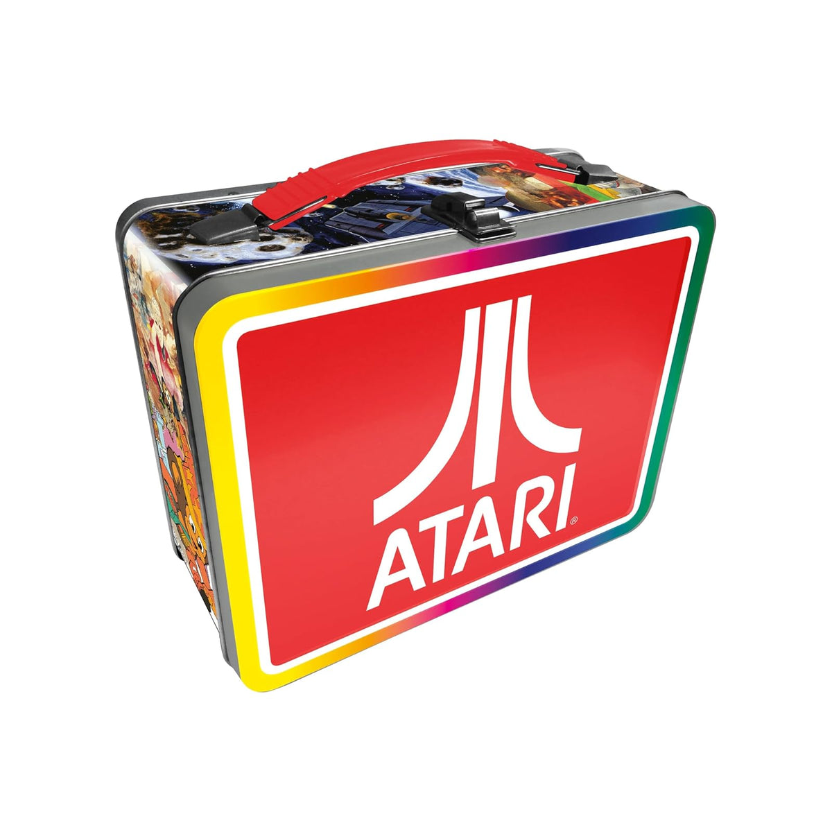 AQUARIUS Atari Fun Box - Caja de almacenamiento de lata resistente con mango de plástico y cubierta frontal en relieve, producto oficial de Atari y regalo coleccionable
