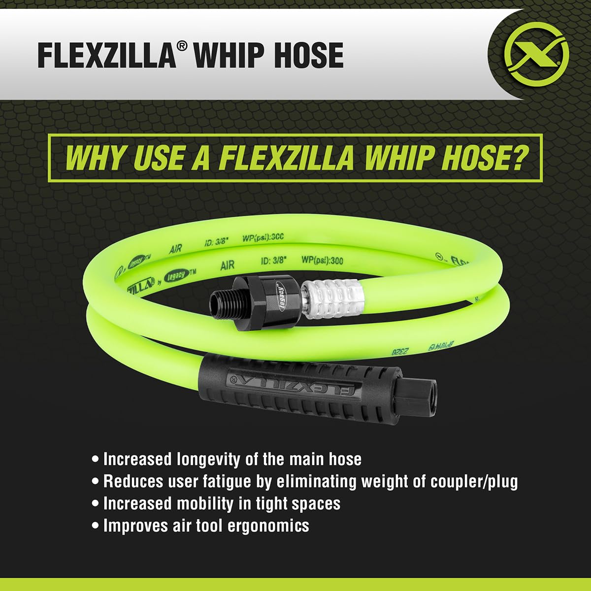 Flexzilla HFZ3804YW2B Manguera de Aire Giratoria 3/8 Pulgadas x 4 Pies, Híbrido, Verde Claro
