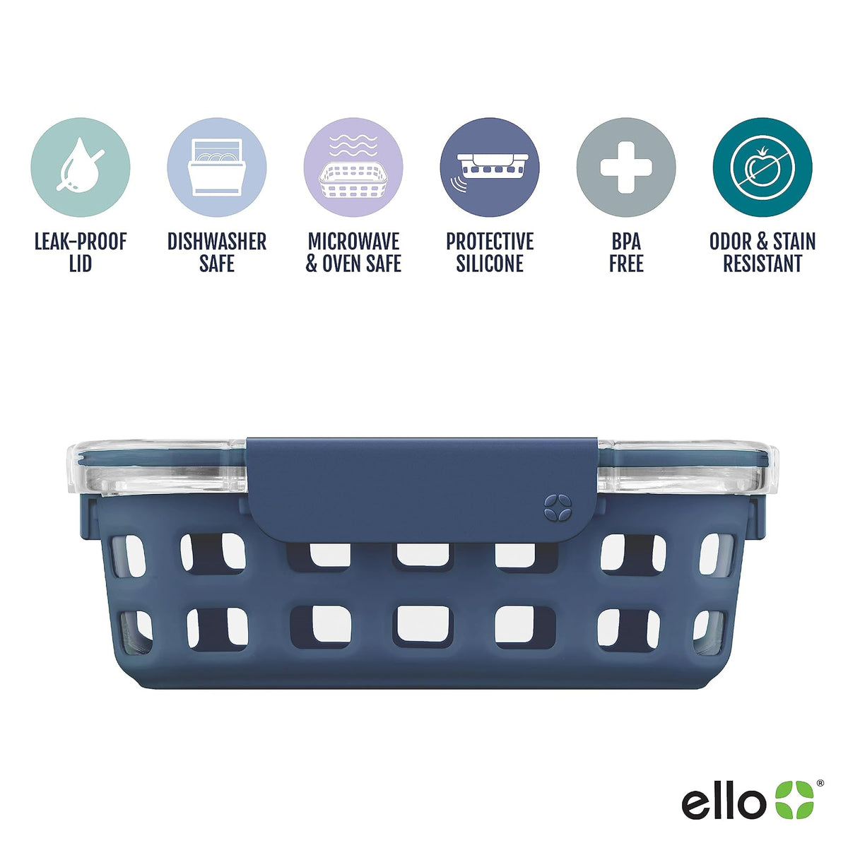 Ello Duraglass Recipiente de Vidrio 5 Tazas Almacenamiento Alimentos | Recipiente de vidrio de 5 tazas con funda de silicona, tapa a prueba de fugas, apto para microondas, congelador y lavaplatos