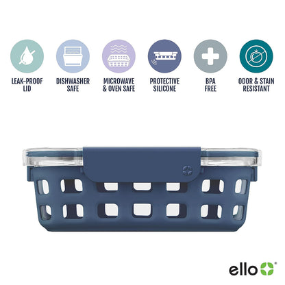 Ello Duraglass Recipiente de Vidrio 5 Tazas Almacenamiento Alimentos | Recipiente de vidrio de 5 tazas con funda de silicona, tapa a prueba de fugas, apto para microondas, congelador y lavaplatos