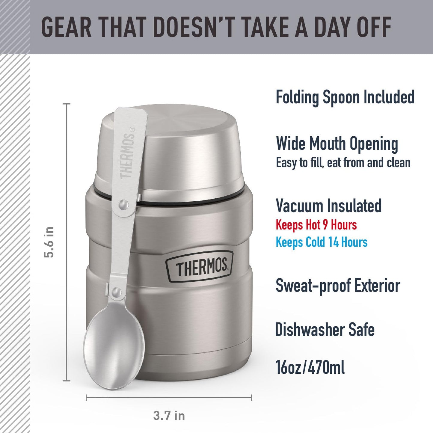 Thermos - Tarro de comida de acero inoxidable King de 16 onzas, Acero inoxidable, 16 oz, 1