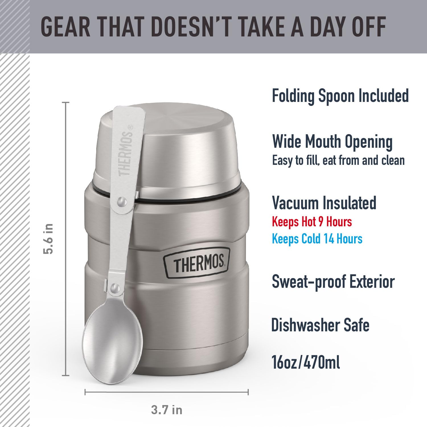 Thermos - Tarro de comida de acero inoxidable King de 16 onzas, Acero inoxidable, 16 oz, 1