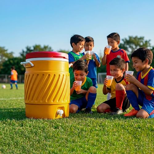 Guateplast Termo Dispensador de Bebidas 5 Galones | Amarillo, plástico con aislamiento térmico, grifo integrado, tapa ajustable, asas laterales
