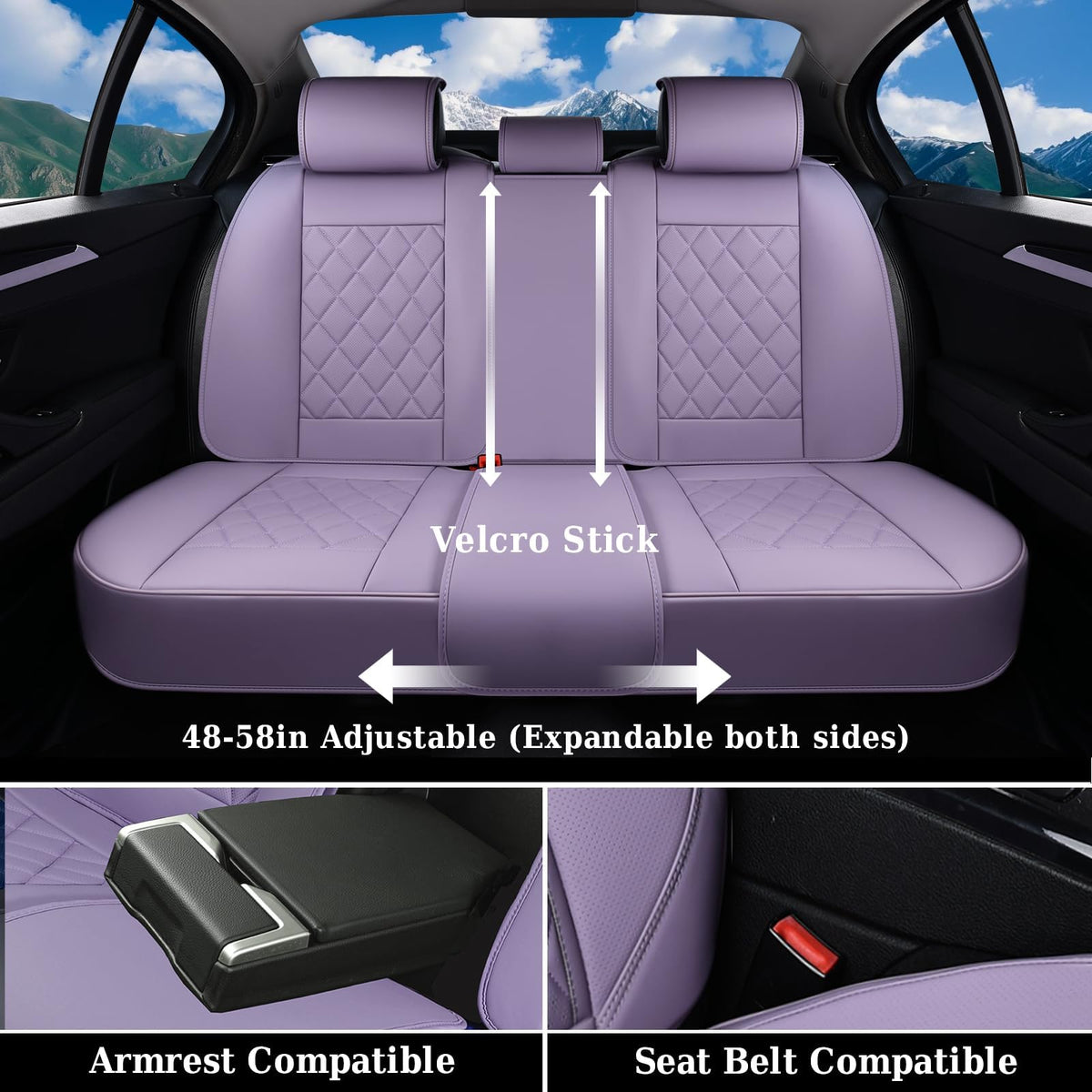Coverado Juego completo de fundas de asiento de automóvil, fundas de asiento de piel morado para automóviles, protector de asiento delantero y trasero, funda universal impermeable para asiento de automóvil, fundas