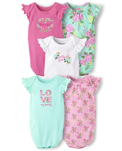 The Children's Place Paquete de 5 Bodies de Algodón para Bebé Niña - 0-3 Meses - Paquete de 5 flores rosas