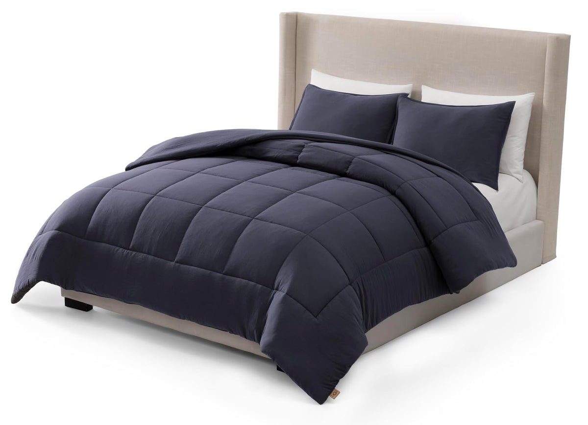 UGG - Juego de edredón matrimonial/Queen con 2 Fundas de Almohada, Manta Ligera Alternativa, Reversible, acogedora, cálida, Lavable, hipoalergénica, Azul Marino (Leonora)