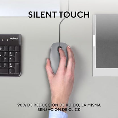 Logitech M110 Silent, Mouse óptico con Cable, Confortable Mouse ambidiestro de tamaño Normal para computadora con Click Discreto para Laptop, Notebook, PC y Mac, conectividad USB-A - Gris