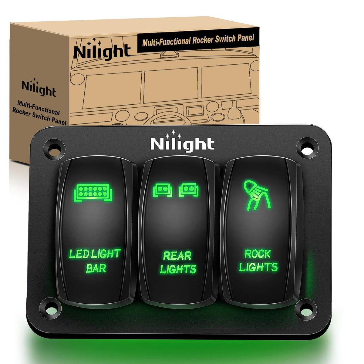 Nilight Panel de interruptor basculante verde, 3 bandas de aluminio, 5 pines, encendido y apagado de palanca, barra de luz led, SPST 12 V 24 V para bote, auto, cuatrimoto, vehículo utilitario todo terreno - Verde
