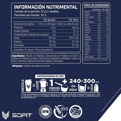 Scifit Proteína Whey 5 lb (2.27 kg)| 24 g de Proteí­na | 100% Whey Protein | 61 Servicios | Sabor Helado de Chocolate| Post Entrenamiento | Bajo en Carbs