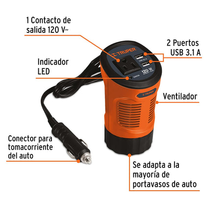 Truper INCO-120, Inversor de corriente 120 W tipo vaso 2 puertos USB