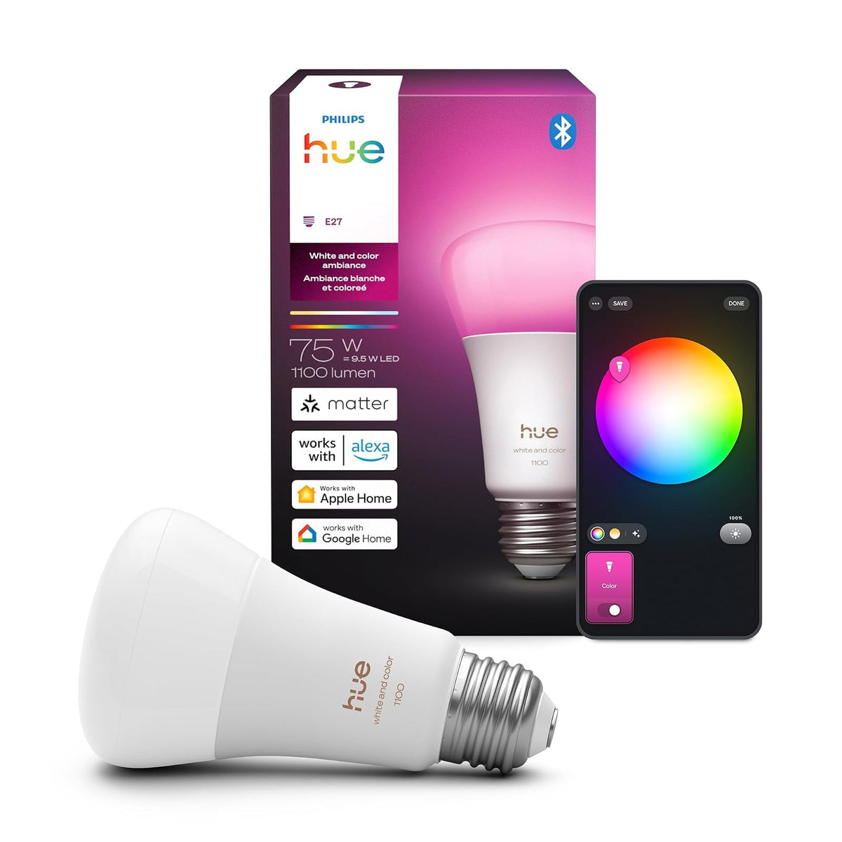 Philips Hue Smart LED A19 - Paquete de 1 foco LED A19, color blanco y ambiente, base E26, 10,5 W, luz de espectro completo 1000K-20000K, 1100 lúmenes, regulable, funciona con Alexa, Google, Apple