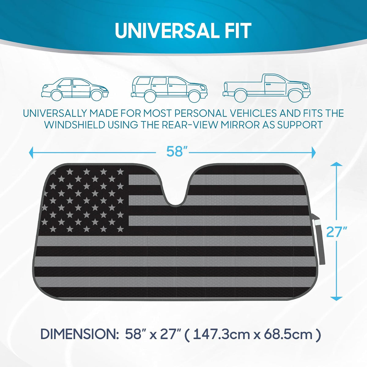 BDK Parasol para parabrisas de la bandera estadounidense para automóvil, camión y SUV, parasol plegable para ventana delantera, protección contra el calor, protector solar del automóvil bloquea los rayos UV y mantiene el vehículo fresco (58 x 27 pulgadas)