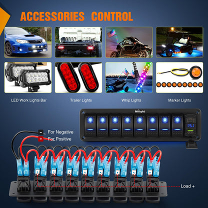 Nilight - Panel de interruptor de 8 bandas con PD tipo C y cargador USB, voltímetro de 12 V, SPST, interruptor de encendido y apagado con retroiluminación azul, panel de interruptor