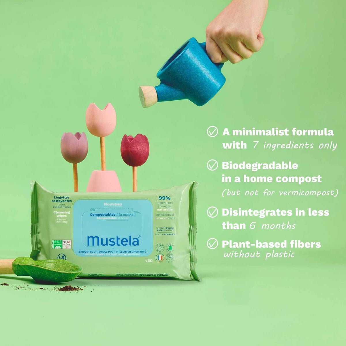 Mustela Toallitas Húmedas Compostables para bebé, paquete con 60pzs