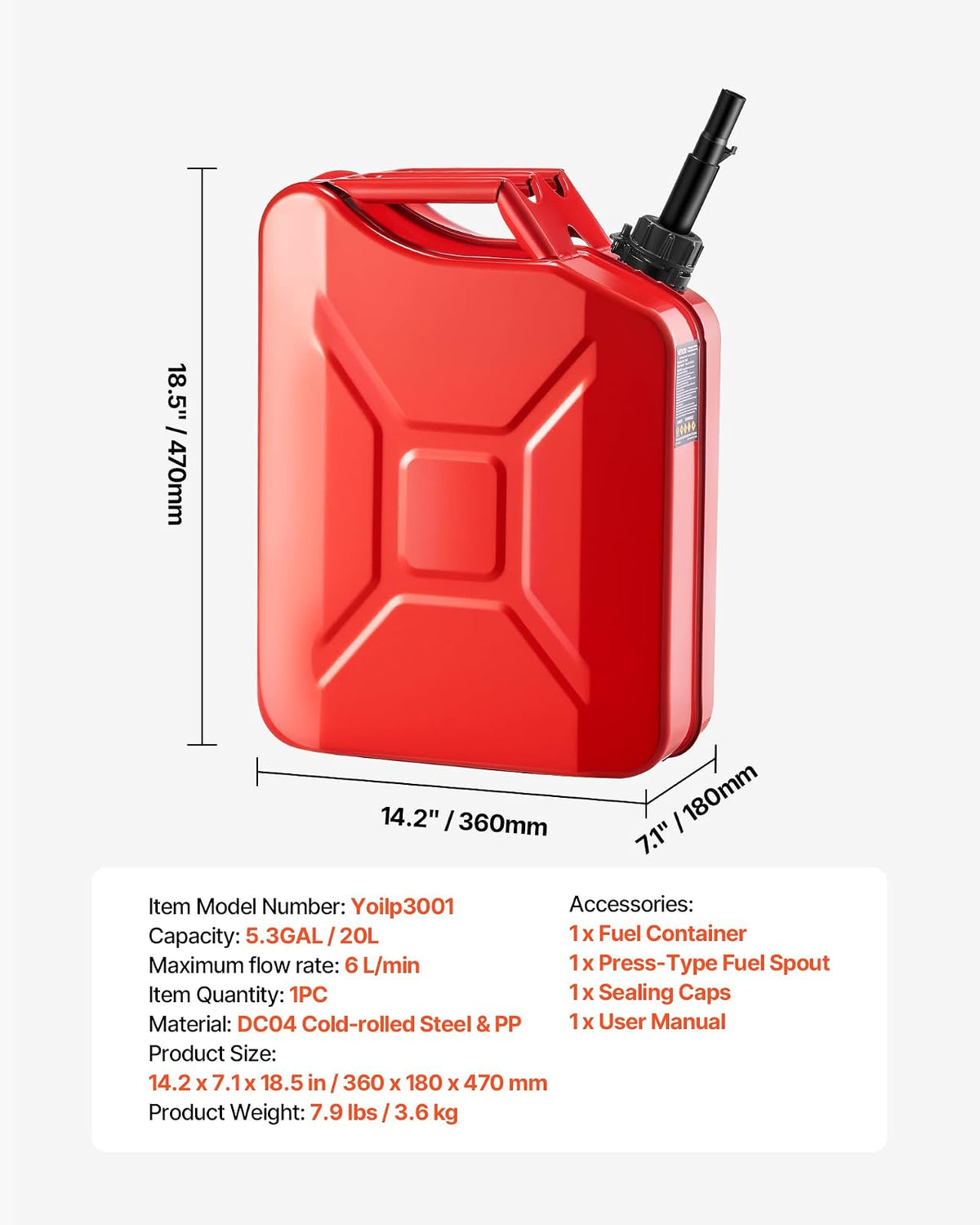 VEVOR Bidón de Gasolina de 20 L, Tanque de Combustible de Metal y PP con Boquilla y Asa, Caudal Máximo de 6 L/min, a Prueba de Fugas, para la Mayoría de Autos, Motocicletas, ATV, UTV, Rojo, 1 Pieza
