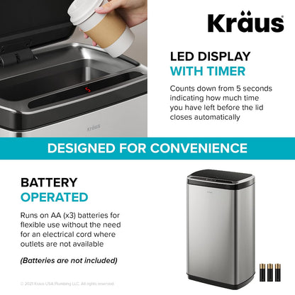 Kraus GarbagePro - Bote de basura rectangular de 13 galones con sensor de movimiento manos libres funciona con pilas en acabado negro mate con tapa SoftShut Touchless, KTCS-10MB