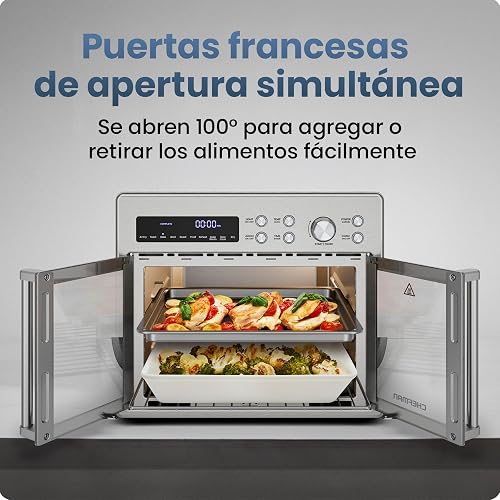 Horno tostador con freidora de aire Chefman de dos puertas, 10 en 1: freidora de aire, horno, asador, cocción lenta, 24 litros, capacidad para pizza de 30 cm o pollo de 1.8 kg. Acero inoxidable.