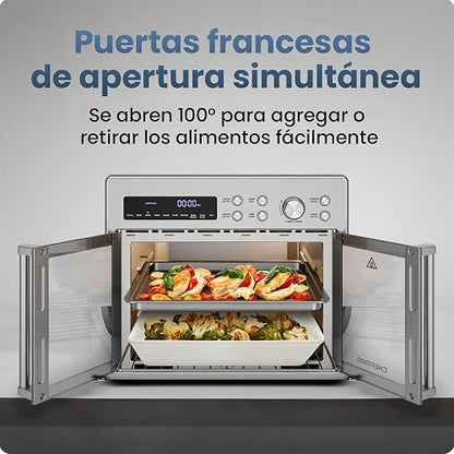 Horno tostador con freidora de aire Chefman de dos puertas, 10 en 1: freidora de aire, horno, asador, cocción lenta, 24 litros, capacidad para pizza de 30 cm o pollo de 1.8 kg. Acero inoxidable.